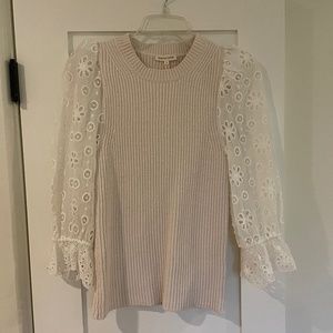 Rebecca Taylor Ivory Eyelet Sleeve Sweater